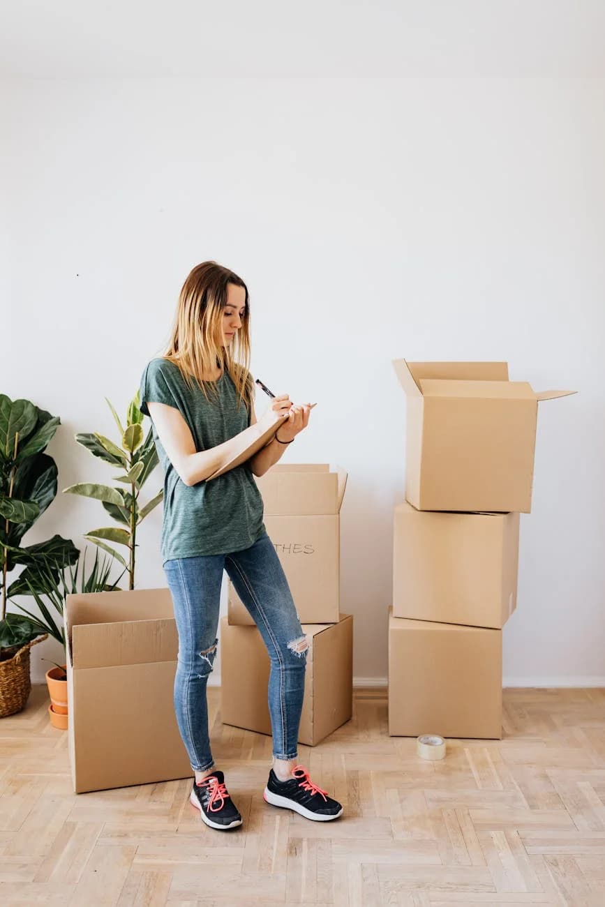 A Woman Organizes Cardboard Boxes While 3
