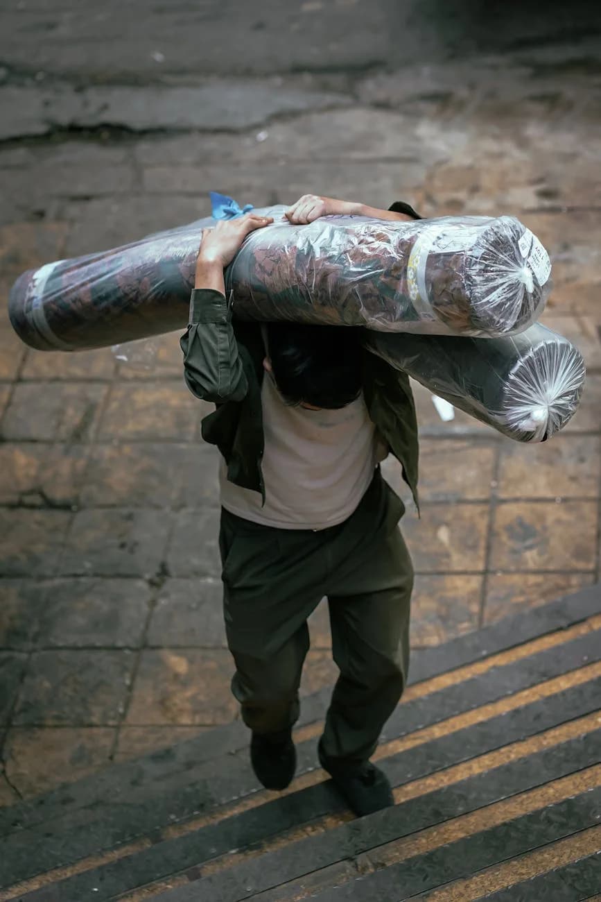 A Man Carries Heavy Rolled Carpets On Hi 2